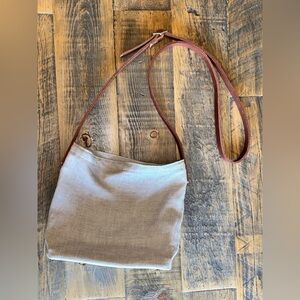 Blended Beige and White Linen Crossbody Bag with Leather Strap